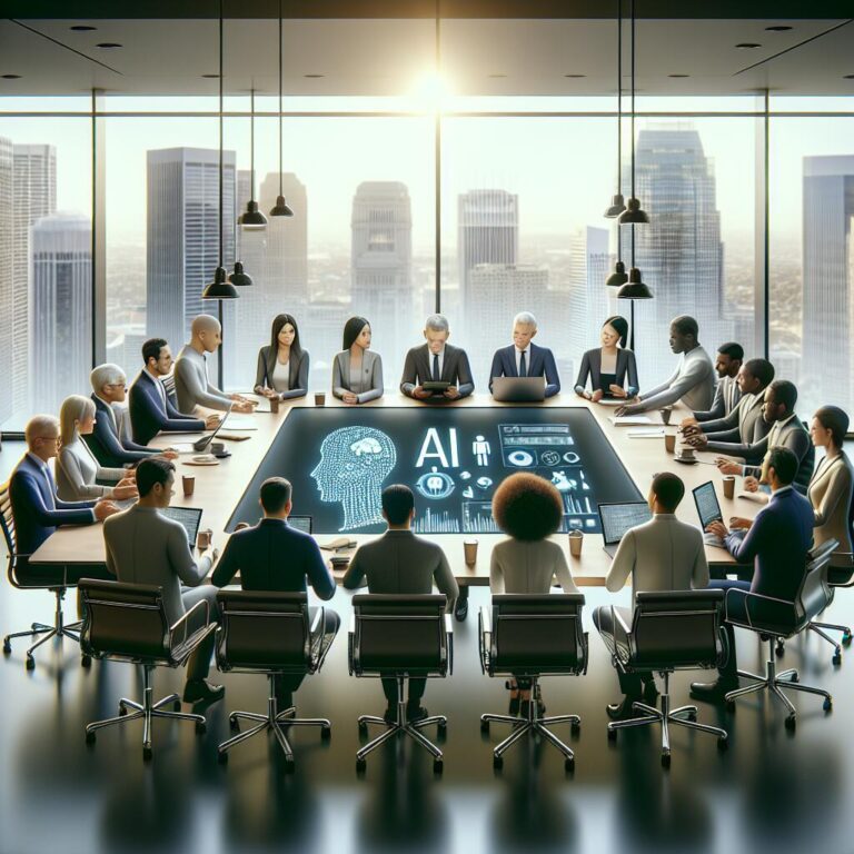 Policymakers and AI experts collaborating on ethical AI guidelines in a modern conference room with a city skyline backdrop.