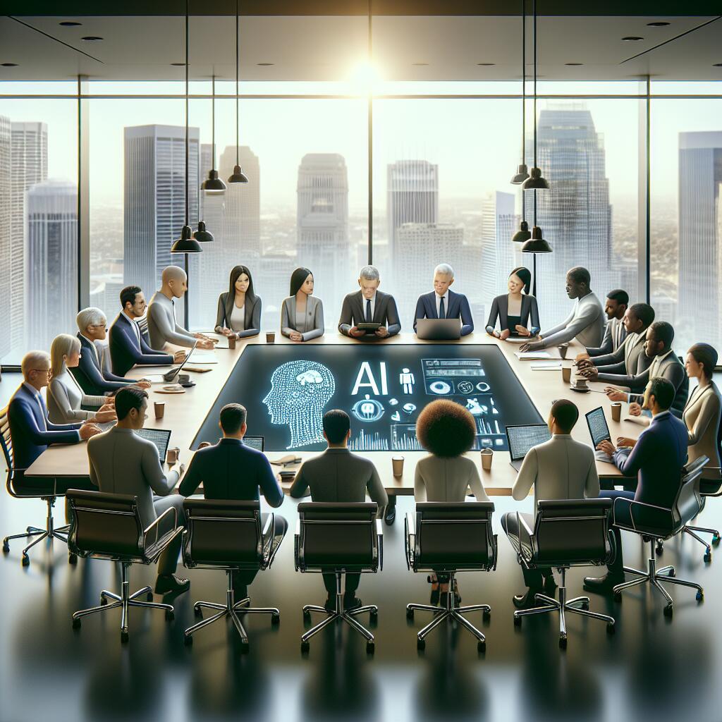 Policymakers and AI experts collaborating on ethical AI guidelines in a modern conference room with a city skyline backdrop.