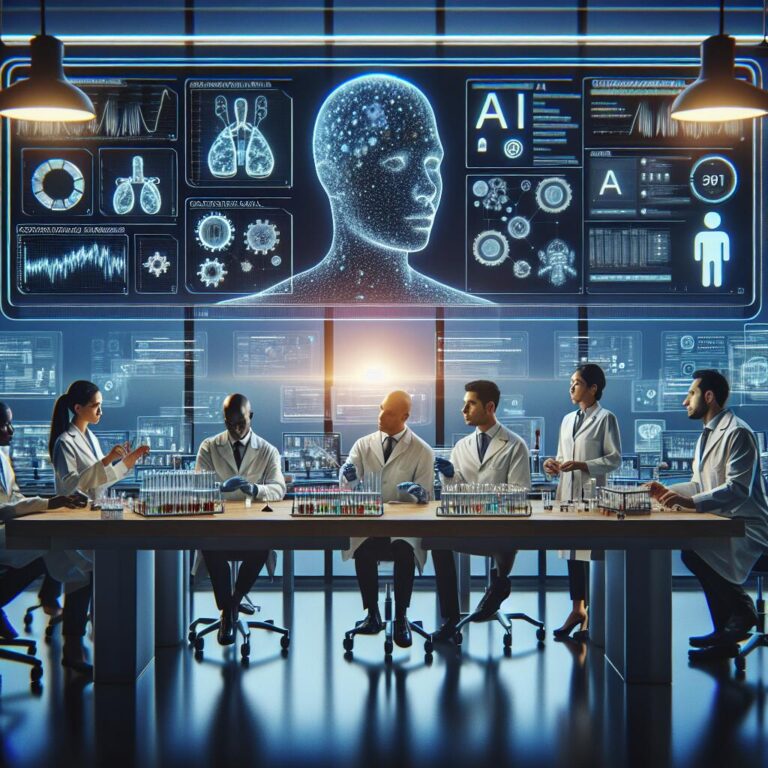 Scientists in a modern lab collaborating with AI technology for drug evaluation