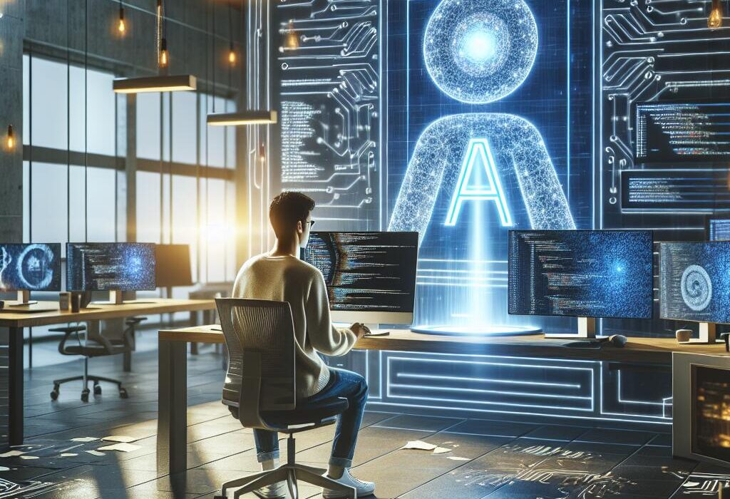 Developer working with AI-powered web search API on multiple screens in a modern tech workspace