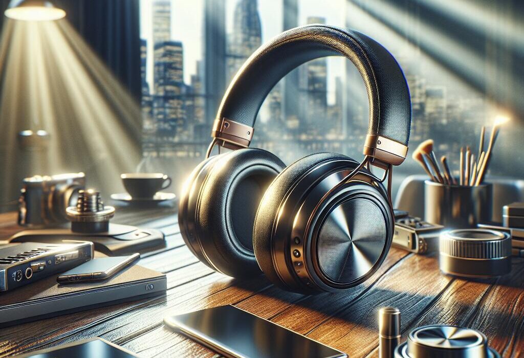Close-up of Sony WH-1000XM6 headphones with tech gadgets on a wooden table, urban cityscape in the background