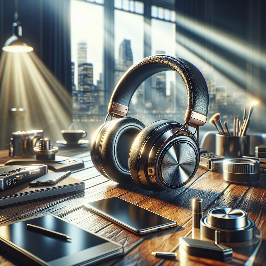 Close-up of Sony WH-1000XM6 headphones with tech gadgets on a wooden table, urban cityscape in the background