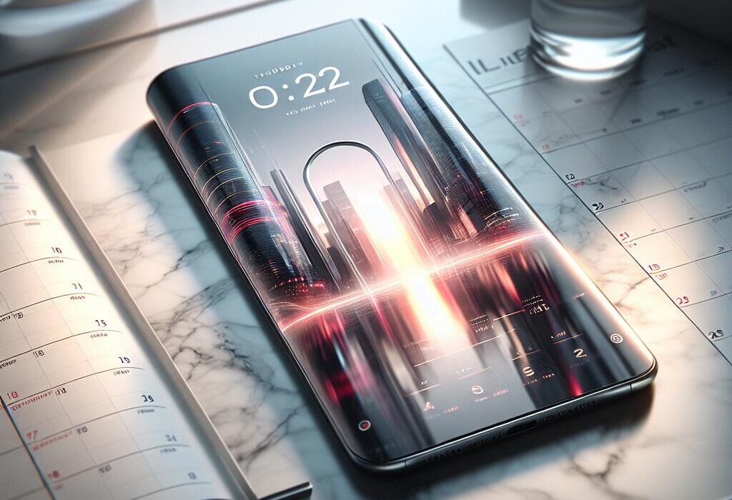 Samsung Galaxy S25 Edge on a marble table with a futuristic city skyline and marked calendar date