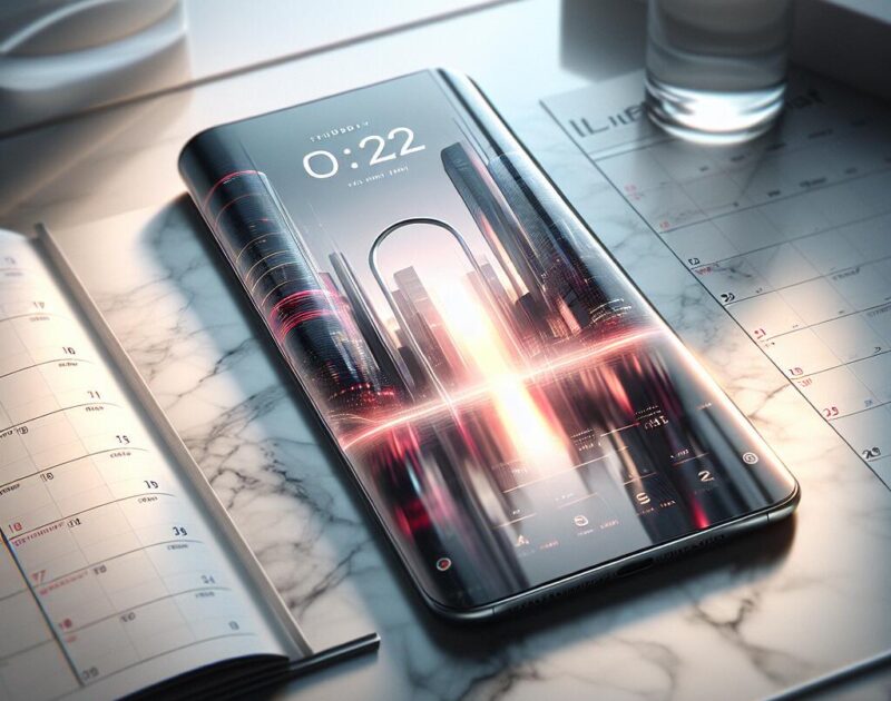 Samsung Galaxy S25 Edge on a marble table with a futuristic city skyline and marked calendar date