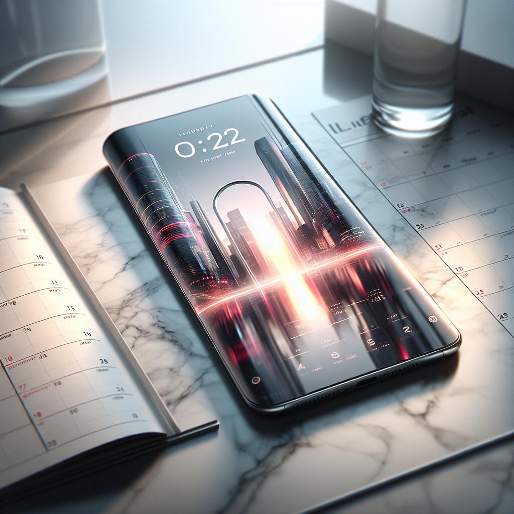 Samsung Galaxy S25 Edge on a marble table with a futuristic city skyline and marked calendar date