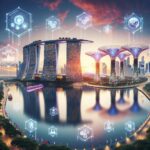 Panoramic view of Singapore skyline with digital interfaces representing AI safety dialogue
