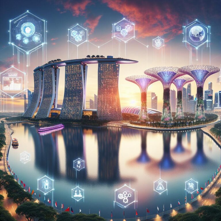 Panoramic view of Singapore skyline with digital interfaces representing AI safety dialogue