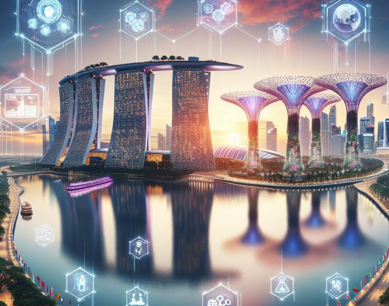 Panoramic view of Singapore skyline with digital interfaces representing AI safety dialogue