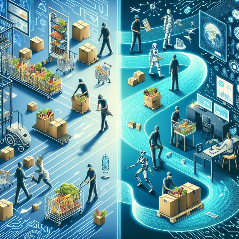 Split-screen image showing the transition from Instacart's busy grocery delivery environment to OpenAI's serene and high-tech workspace, representing Fidji Simo's career move.