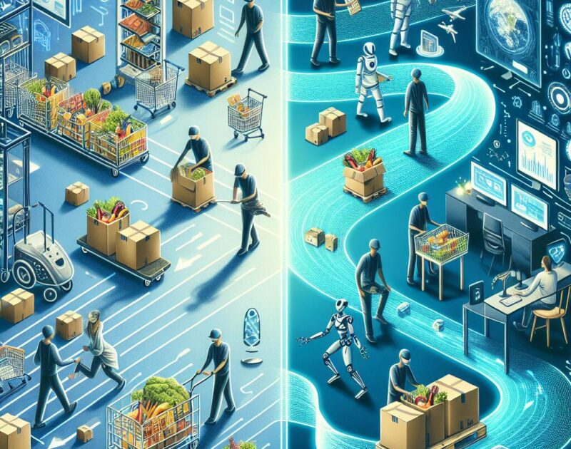 Split-screen image showing the transition from Instacart's busy grocery delivery environment to OpenAI's serene and high-tech workspace, representing Fidji Simo's career move.