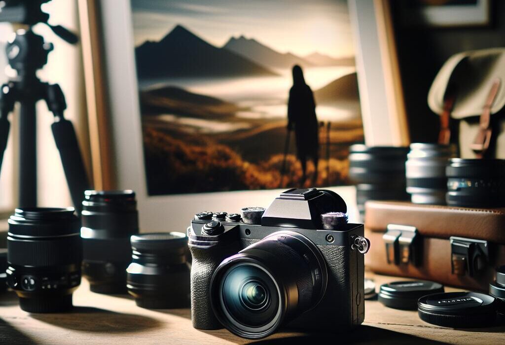Panasonic S1R II mirrorless camera displayed on a wooden table with photography gear and natural light