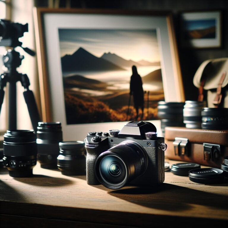 Panasonic S1R II mirrorless camera displayed on a wooden table with photography gear and natural light