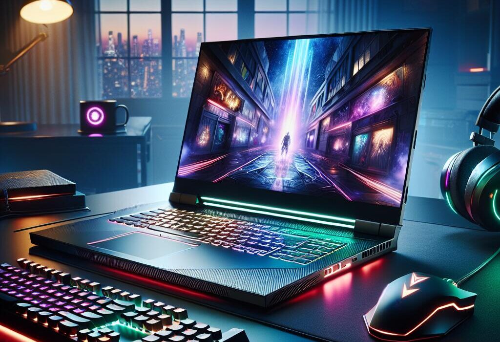 Lenovo gaming laptop showcasing a dynamic 3D game on the screen, surrounded by gaming accessories in a stylish environment.