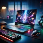Lenovo gaming laptop showcasing a dynamic 3D game on the screen, surrounded by gaming accessories in a stylish environment.