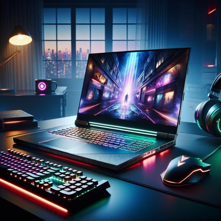 Lenovo gaming laptop showcasing a dynamic 3D game on the screen, surrounded by gaming accessories in a stylish environment.