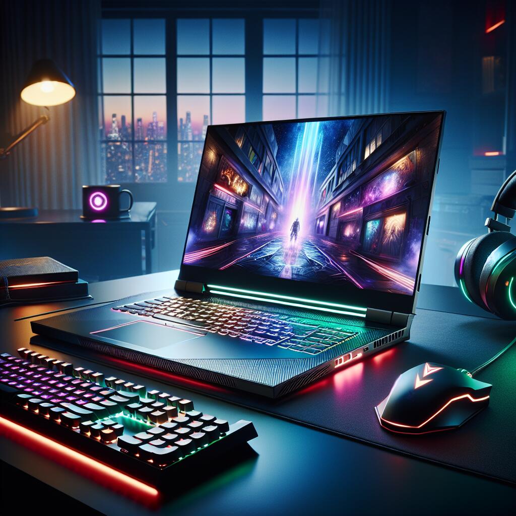 Lenovo gaming laptop showcasing a dynamic 3D game on the screen, surrounded by gaming accessories in a stylish environment.