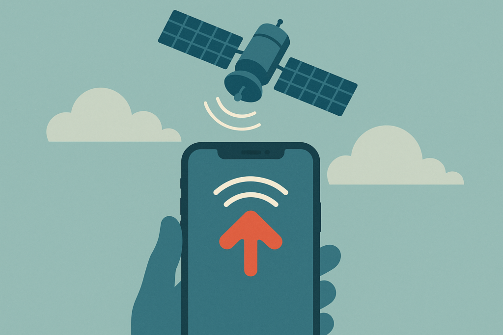 An iPhone showing satellite connectivity features with a satellite overhead.