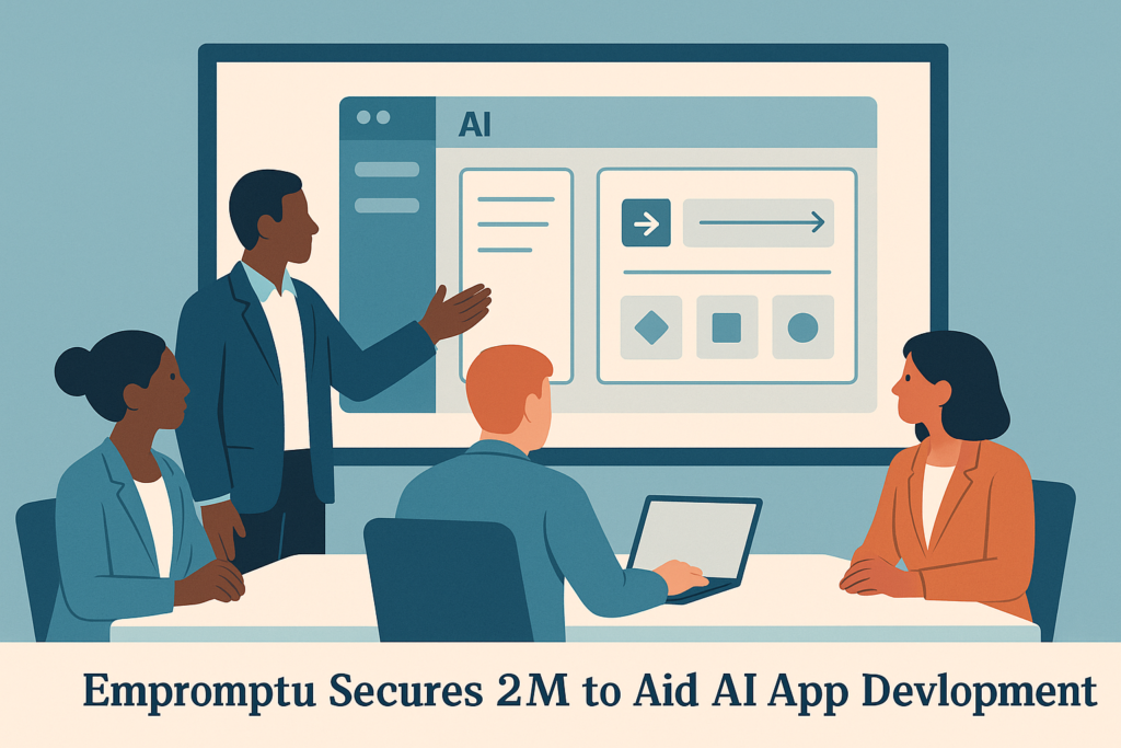 Business professionals discussing Empromptu's AI app-building interface in a meeting room.