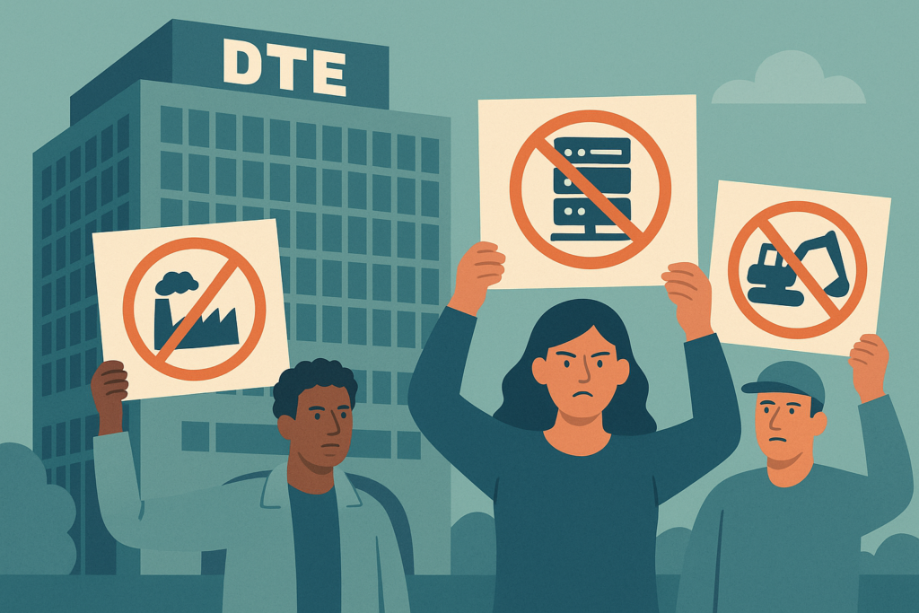 Environmental Groups Demand Data Center Construction Halt Protestors with signs outside DTE headquarters in Detroit.