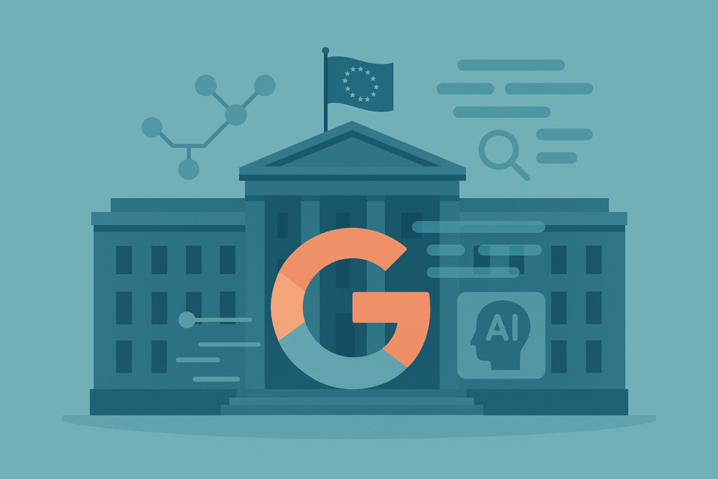 European Union building with Google logo and digital AI elements.