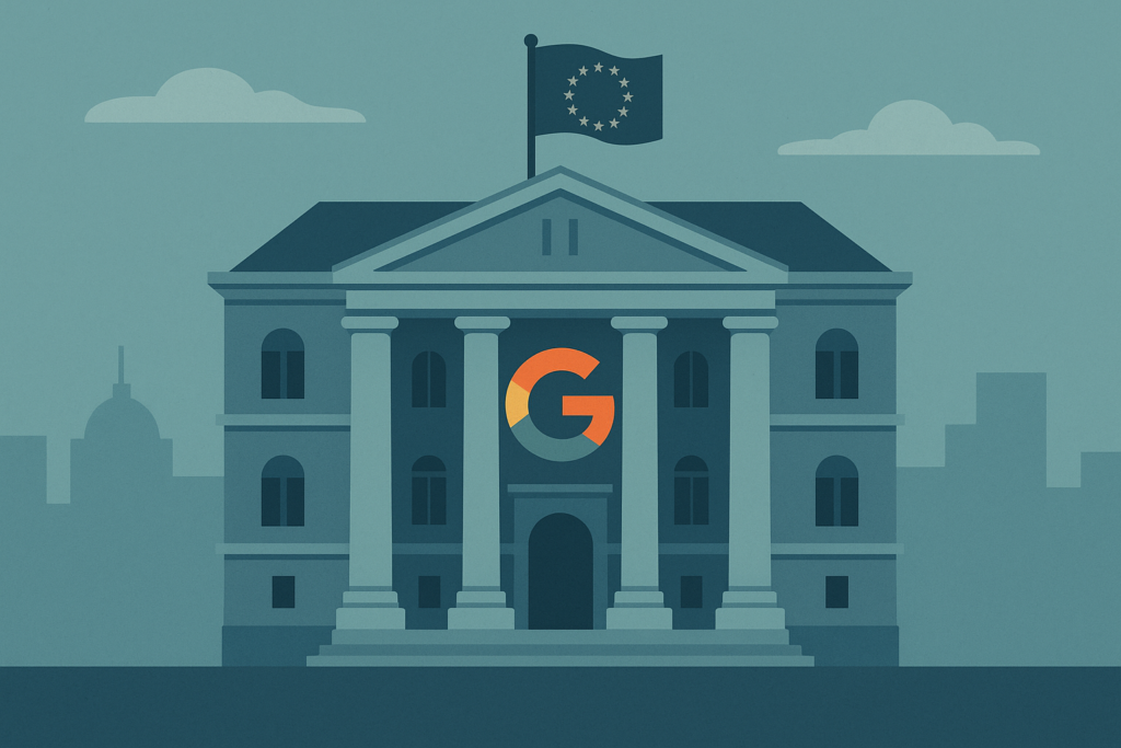 EU building with Google logo, representing the antitrust investigation.
