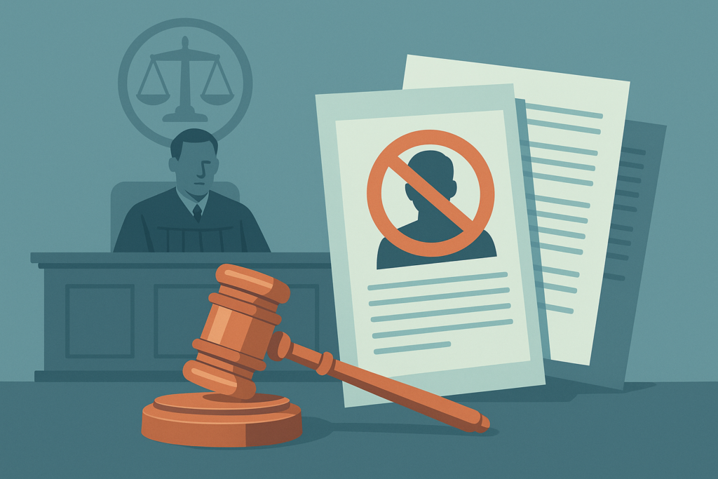 FTC documents and a judge's gavel in a courtroom setting.