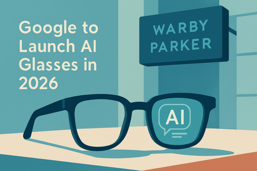 A pair of AI glasses with in-lens display next to Warby Parker sign.