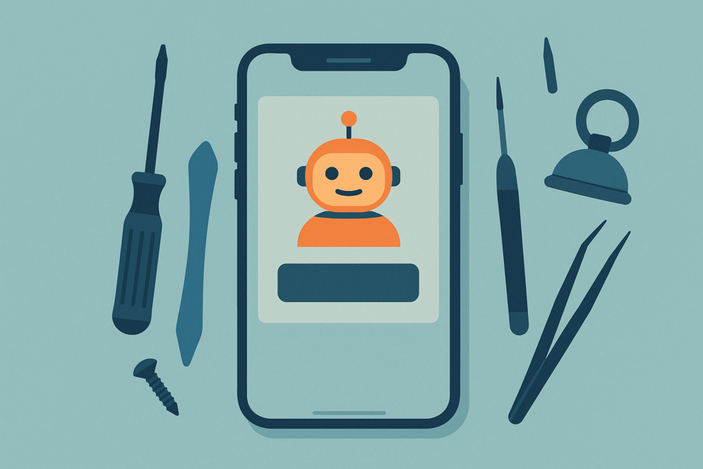Smartphone showing iFixit app with FixBot AI and repair tools.