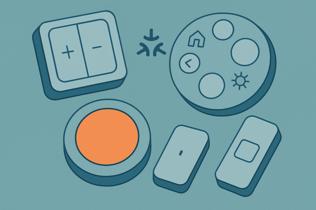 Ikea Bilresa smart home buttons and remotes, customizable and Matter-compatible.