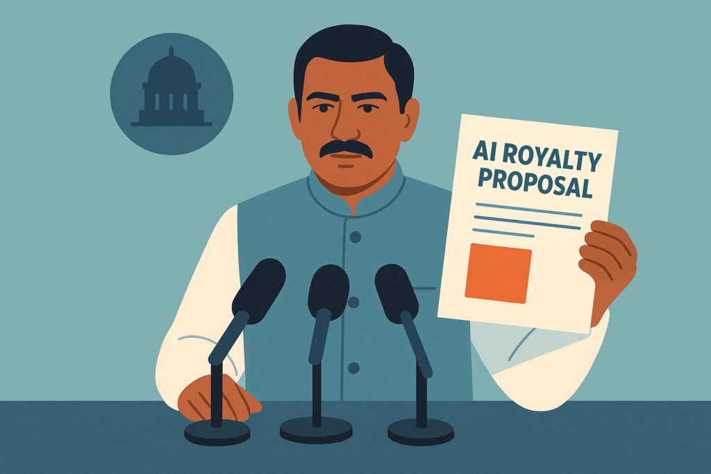 Indian official presenting AI royalty proposal document at a conference.