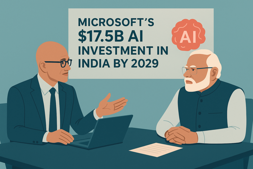Satya Nadella and Narendra Modi in a meeting discussing AI investment.