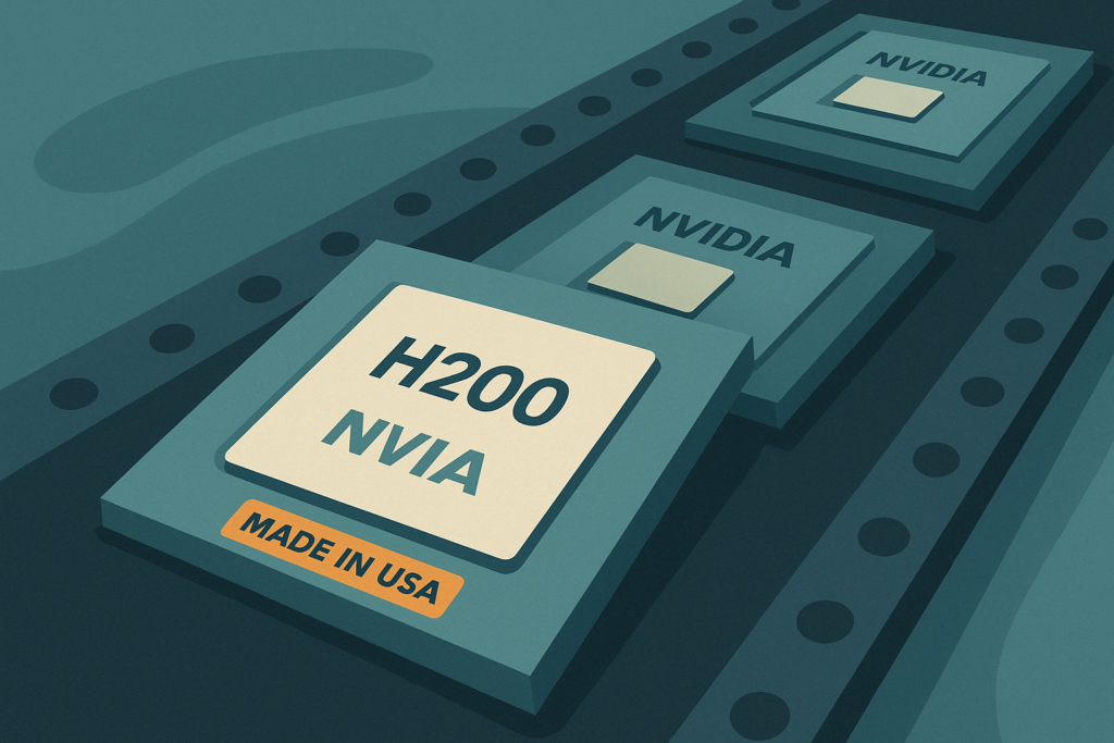 Nvidia H200 AI chips on a production line with 'Made in USA' label.