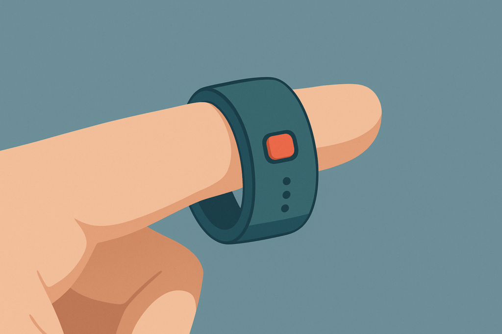 Pebble Index smart ring on an index finger, showing its button and microphone.