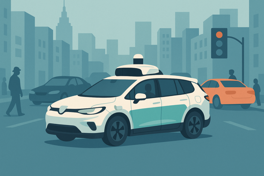 A Waymo robotaxi driving on a city street with buildings in the background.