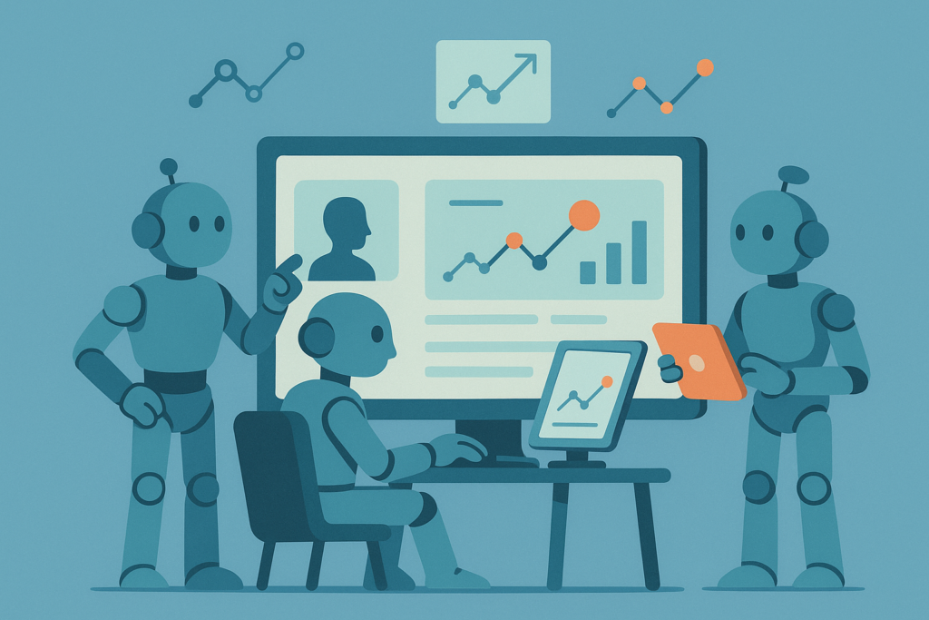 AI agents simulating user behavior on a computer screen with data graphs.
