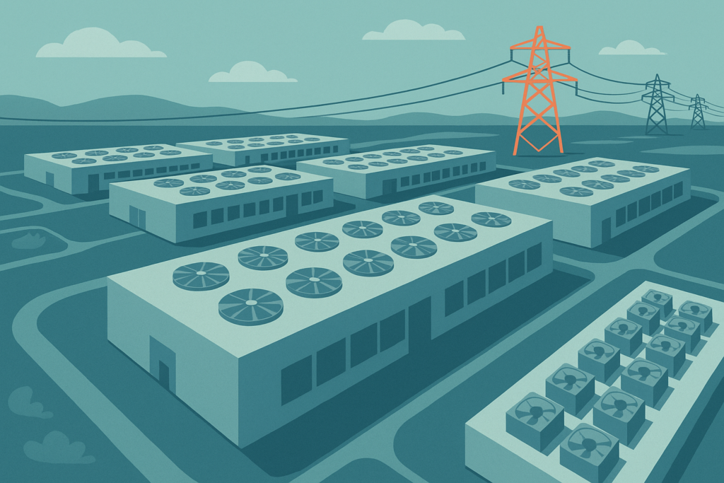 Aerial view of a large data center complex with cooling units and power lines.