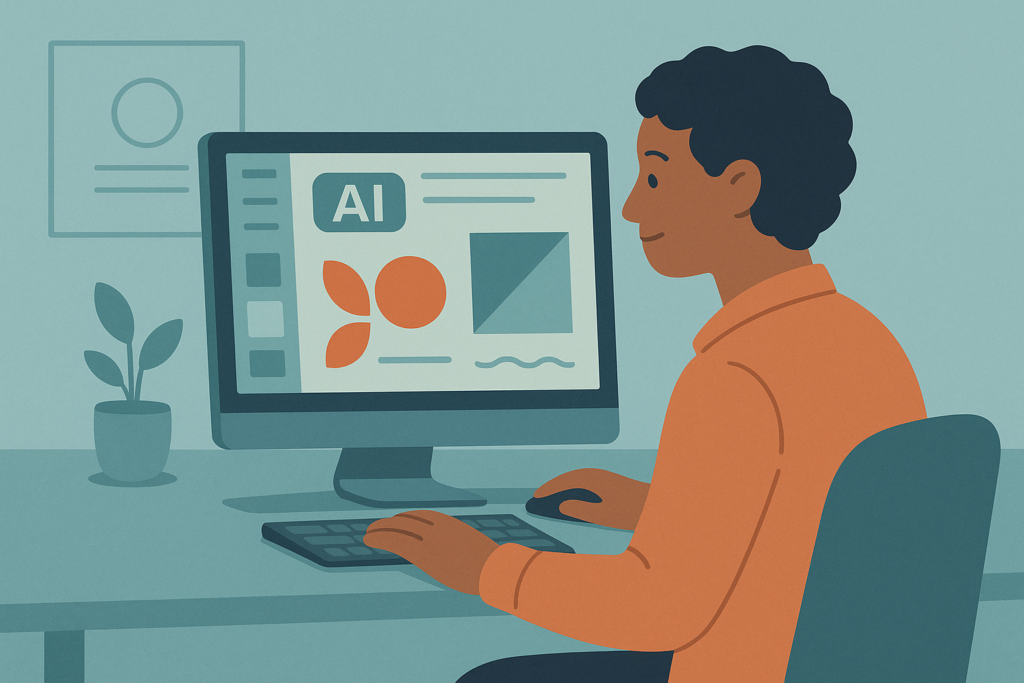 Small business owner using AI design platform on computer screen.