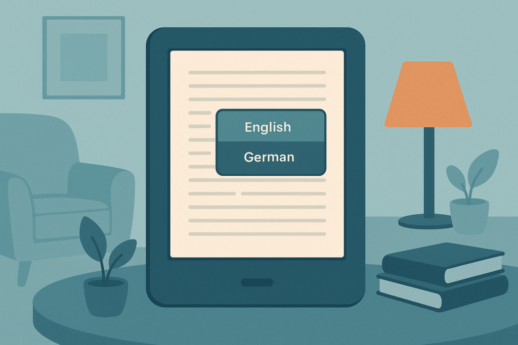 Kindle device showing a book in Spanish with translation options.