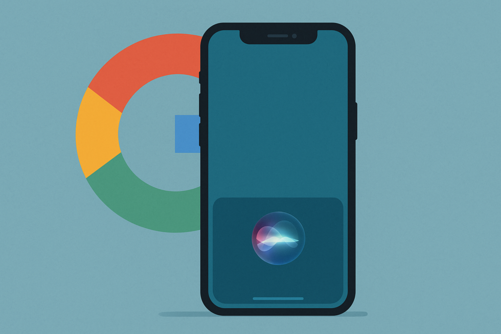 iPhone showing Siri interface with Google logo in the background.