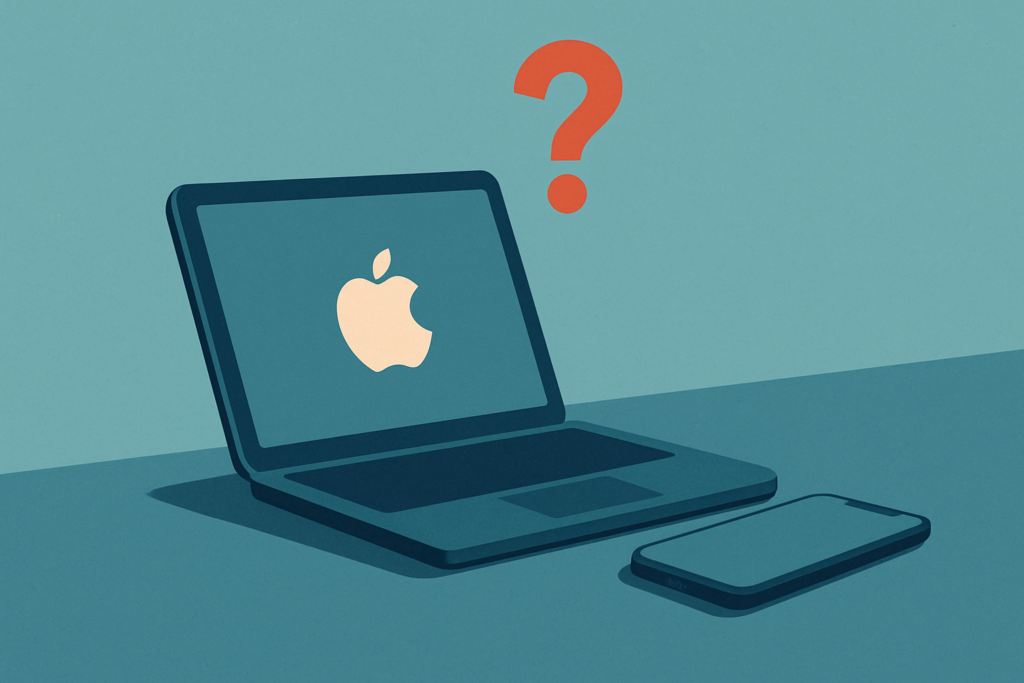 A compact Apple laptop beside an iPhone on a desk, highlighting design similarities.