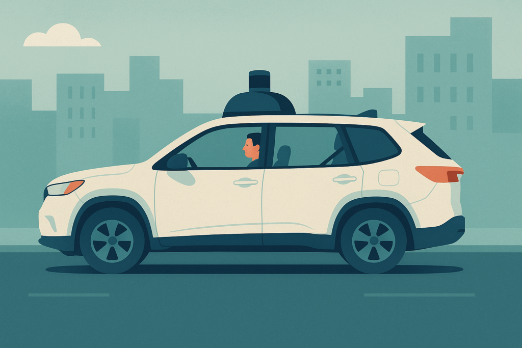 Waymo autonomous vehicle on a city street with safety monitor inside.