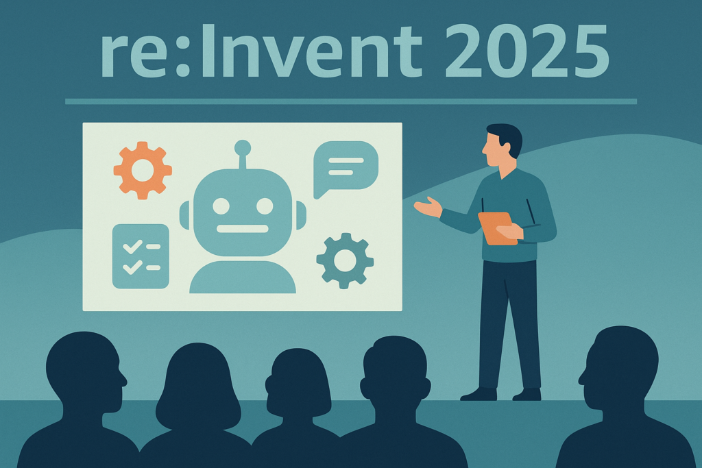AWS re:Invent 2025 conference stage showcasing AI agent tools.