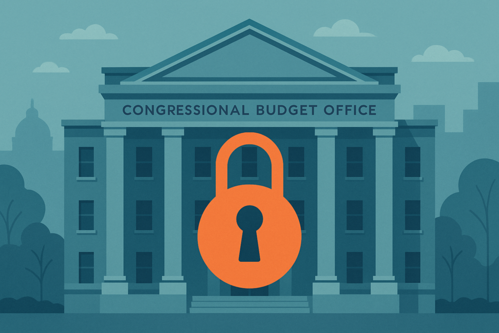 U.S. Congressional Budget Office building with digital lock overlay.
