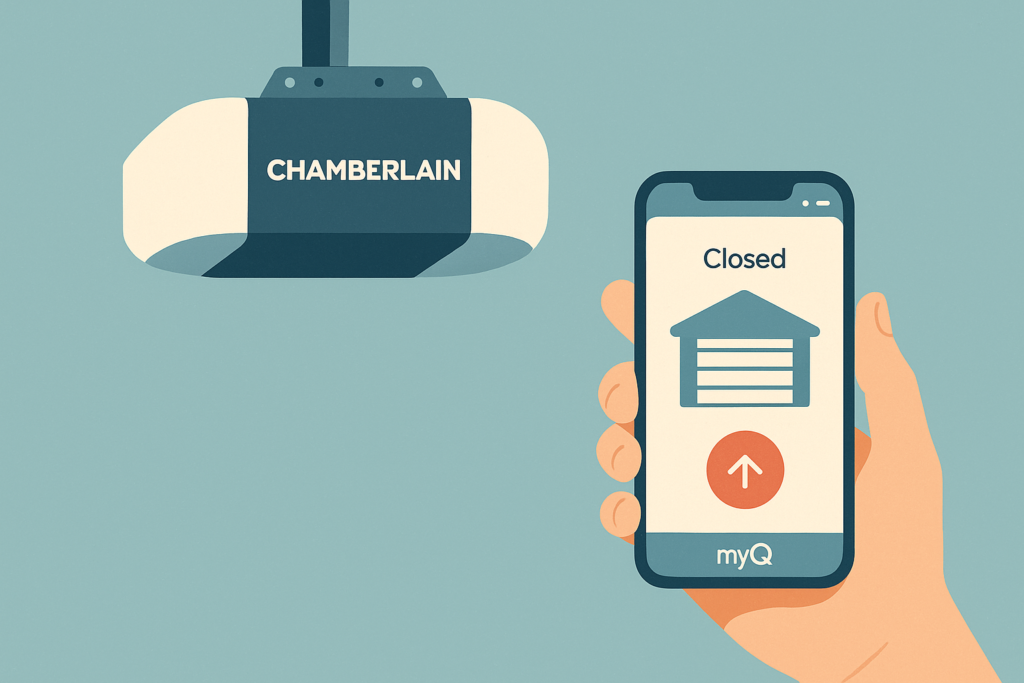 Chamberlain garage door opener with Security+ 3.0 label and MyQ app on smartphone.