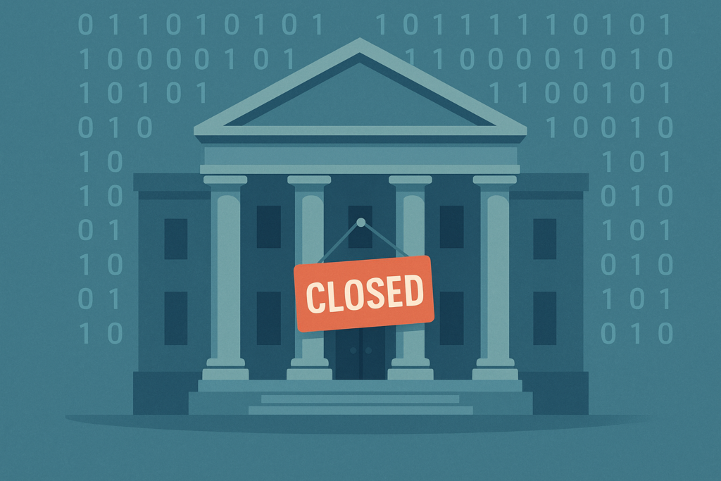 Government office building with 'Closed' sign and digital binary code.