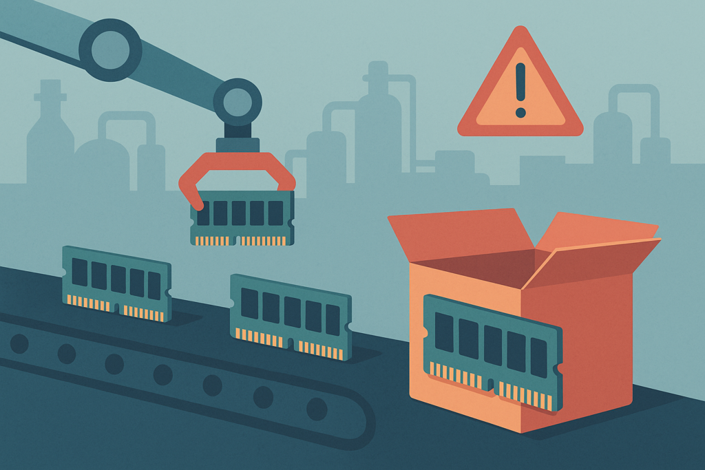 Global RAM Shortage Drives Price Hikes Across Industries RAM chips on a factory assembly line, illustrating the production process and shortage.