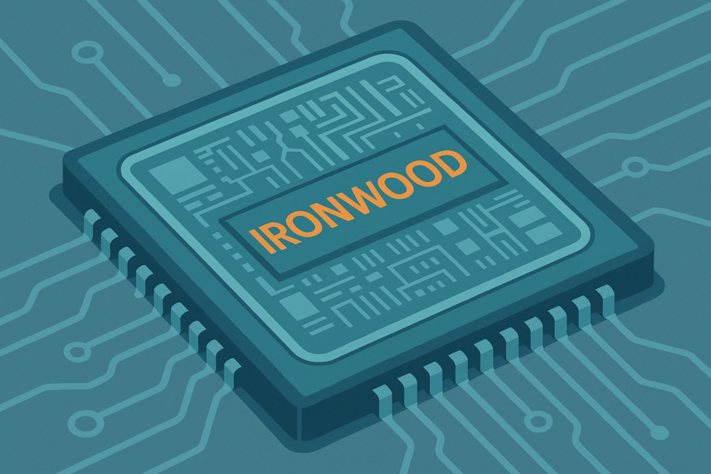 Close-up view of Google's Ironwood TPU chip with detailed connections.