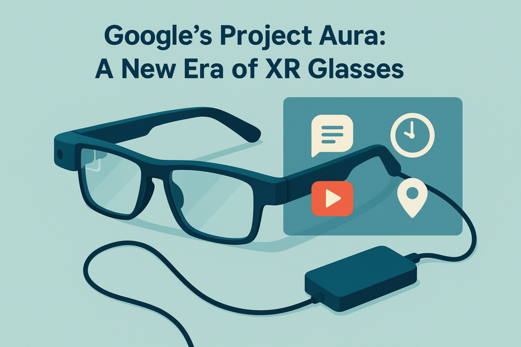Google Project Aura glasses with cord and battery pack displaying Android apps.