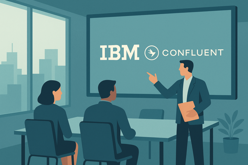 IBM and Confluent logos displayed on a digital screen in an office setting.