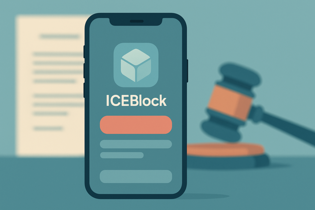 ICEBlock Developer Sues Over App Store Removal Smartphone showing ICEBlock app interface with legal document and gavel in background.